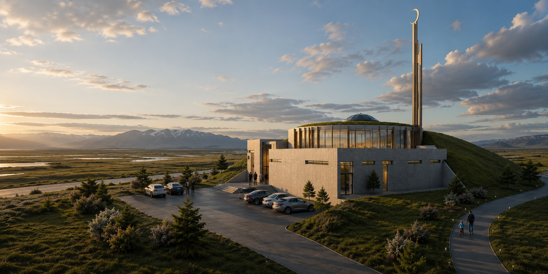 Vision of FMÍ's future community center in the Icelandic landscape
