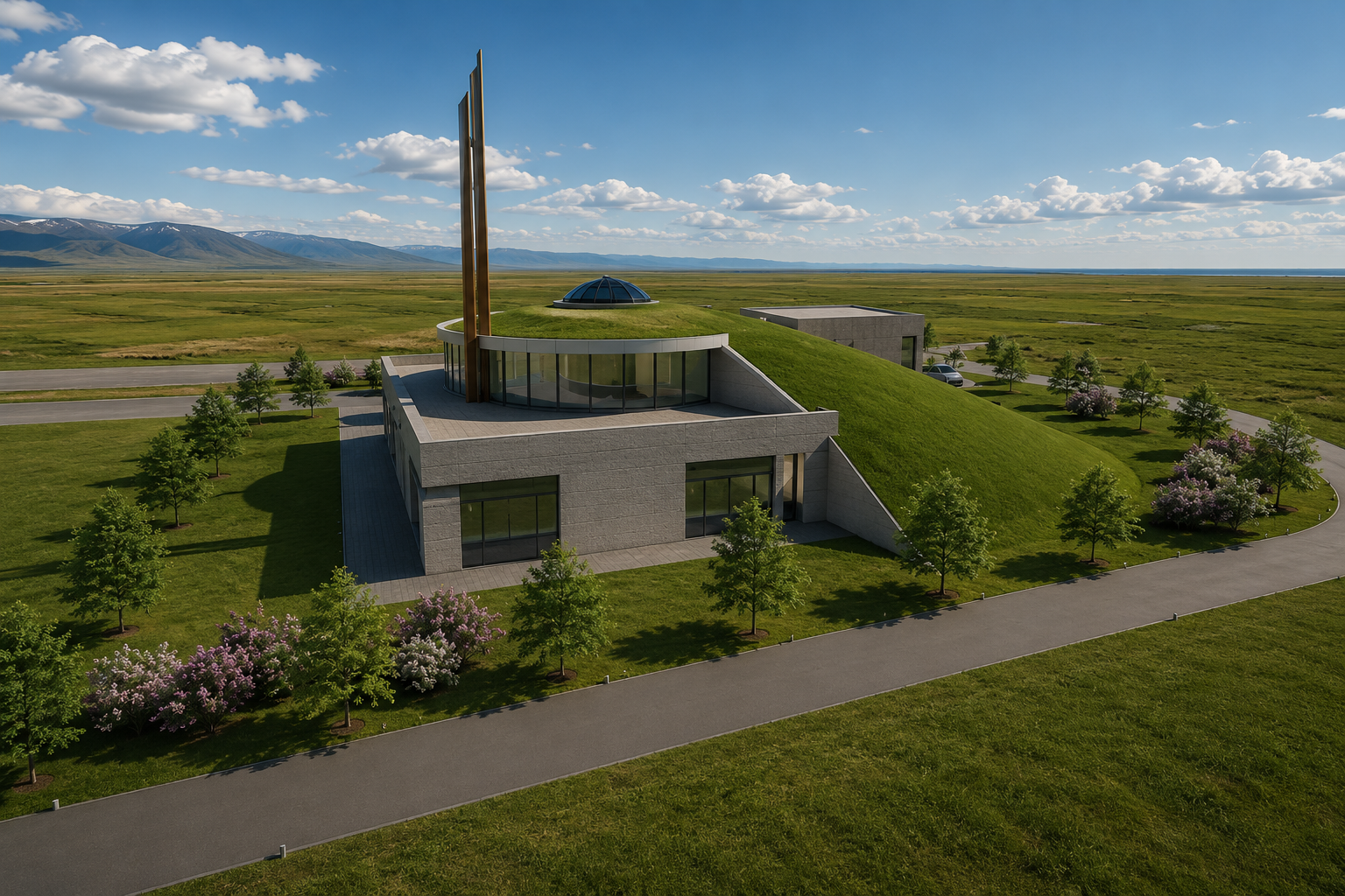 Rear aerial view of the community center